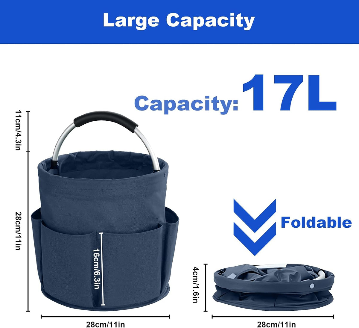 Cleaning Caddy with Handle, Cleaning Products Organiser, 17L Foldable Storage Basket, Cleaning Caddy Organiser, Portable Multi Cleaning Bucket Bag for Home, Garden (Dark Blue)