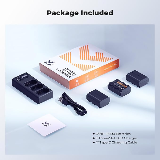 K&F Concept 3-Pack NP-FZ100 Battery and Upgraded LCD Battery Charger Compatible