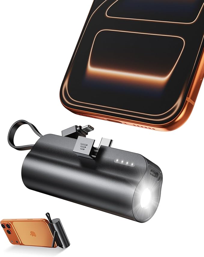 5000mAh Mini Portable Charger with Built-in Type C Connector & Cables,5V 2.4A USB-C Small Power Bank,2 Output Flashlight External Battery Pack Compatible with iPhone 17-12 Pro Galaxy,iPad (Black)