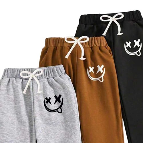 Nivne Tco Tween Boys 3 Pack Sweatpants Smiling Face Pattern Printed Elastic Waistband Jogger Pants with Bowknot Decor Rope (US, Age, 8 Years, Black+Grey+Brown)