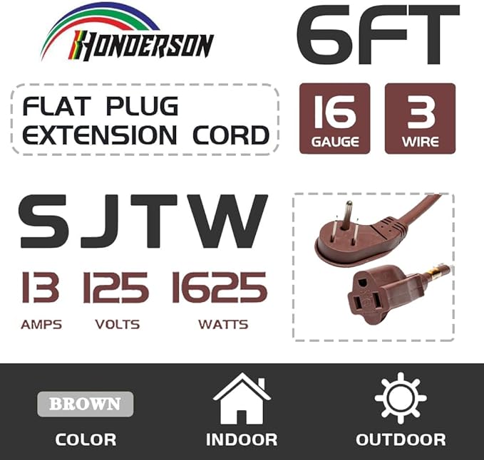 Flat Plug Indoor Extension Cord, UL Certified, 16 Gauge 6FT Brown 3 Prong Heavy Duty, 16/3 SJTW 13A Power Cord for Lights, Appliances, Home