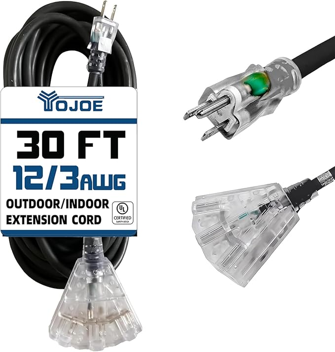 YOJOE 3-Outlets Indoor Outdoor Extension Cord with Lighted End, 3 Prong 15A Weatherproof Power Cord, 12 Gauge Heavy Duty 30 ft Black Extension Cord Multiple Outlets, 12/3 SJTW UL Listed