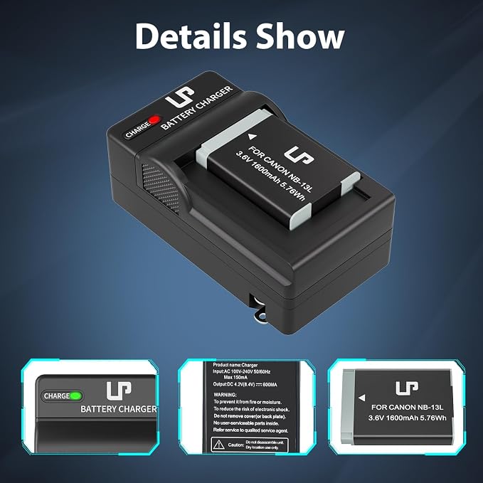 LP NB-13L Battery and Charger, 1600mAh Battery Compatible