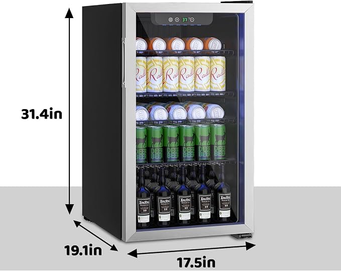 126 Can Mini Fridge, 3.2 Cu.Ft Beverage Refrigerator Glass Door | Stainless Steel Compact Drink Cooler with Reversible Door for Soda Wine Beer, Small Fridge for Home Office Bar (40-61 ℉)