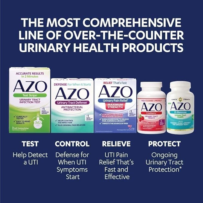 AZO UTI Pain Relief Bundle UTI Test Strips 3ct, Urinary Pain Relief Max Strength 24ct, Cranberry Pro Supplement 100ct