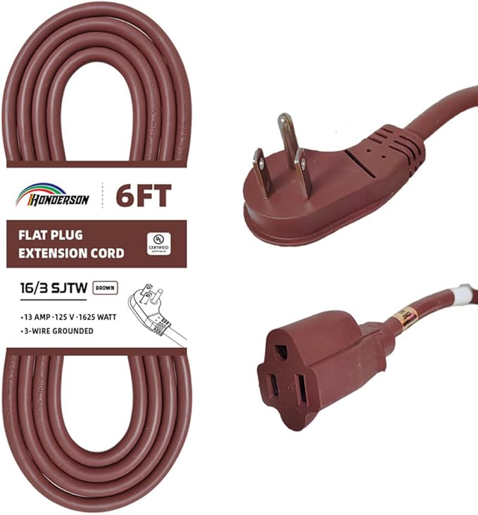 Flat Plug Indoor Extension Cord, UL Certified, 16 Gauge 6FT Brown 3 Prong Heavy Duty, 16/3 SJTW 13A Power Cord for Lights, Appliances, Home