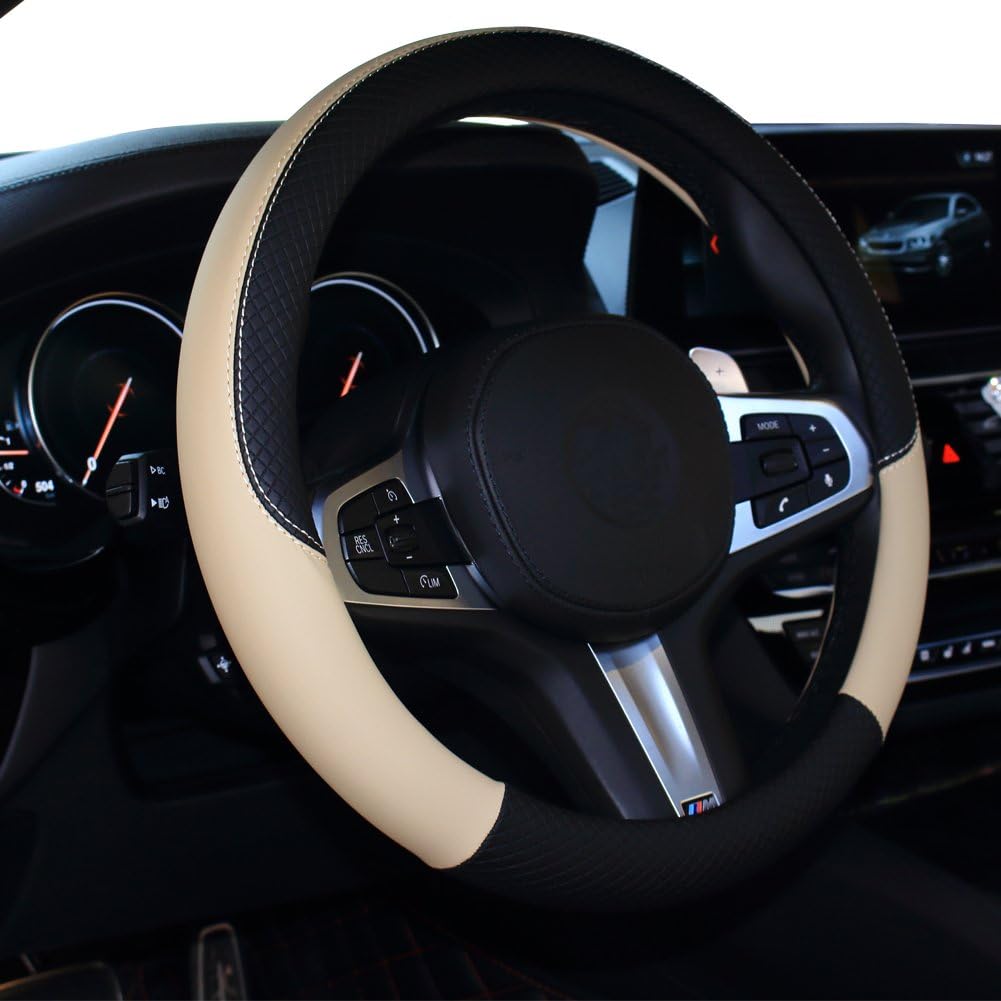 SHIAWASENA Car Steering Wheel Cover, Leather, Universal 15 Inch Fit, Anti-Slip & Odor-Free (Black&Brown)