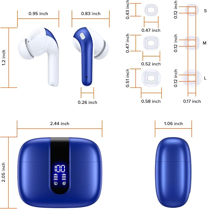 TAGRY Bluetooth Headphones True Wireless Earbuds 60H Playback LED Power Display Earphones with Wireless Charging Case IPX5 Waterproof in-Ear Ear buds with Mic for TV Smart Phone Laptop Computer Sports
