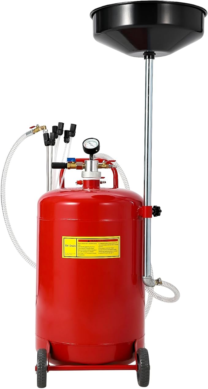 20 Gallon Waste Oil Drain Tank, Oil Drain Extractor, Pneumatic Drainer for Automotive Fluids, Portable Waste Oil Container with Air Operation (20 Gallon-Red-Large)