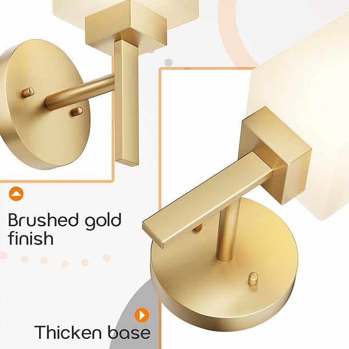 Vanity Lighting Fixtures with White Frosted Glass Shade, Brushed Gold Wall Lamps for Bathroom Mirror Bedroom Living Room Porch, 2 Pack T002GD-L1-P2