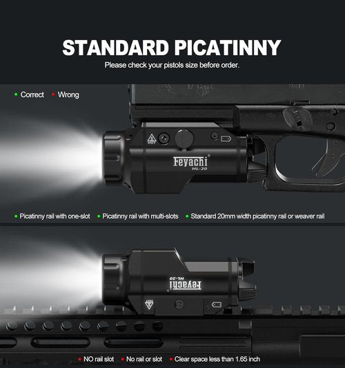 Feyachi HL-20 Pistol Light - 1500 Lumen LED Tactical Flashlight for Handguns | Compact Black Design