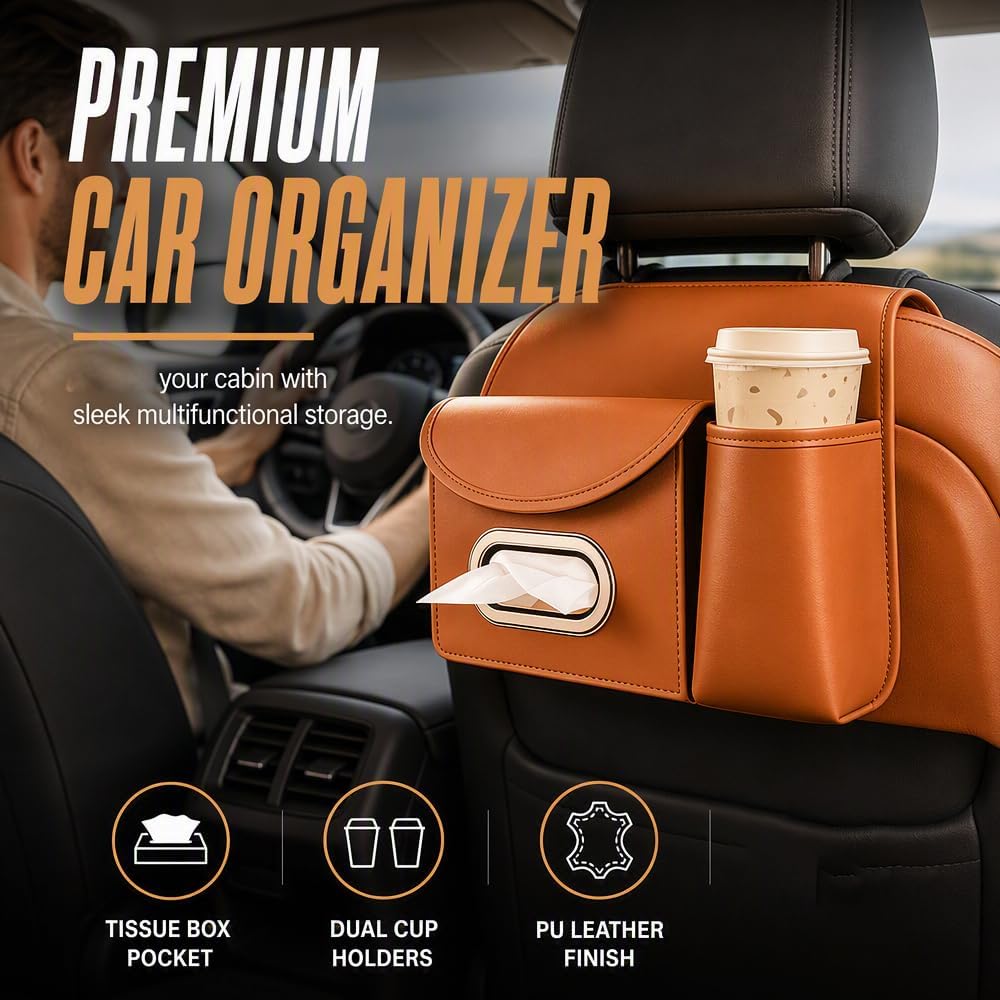 2 in 1 Car Back Seat Organizer, Car Cup Holder & Tissue Box Holder, Nappa Leather Car Seat Organizer Backseat Storage for Sedan SUV MPV Family Travel (Black)