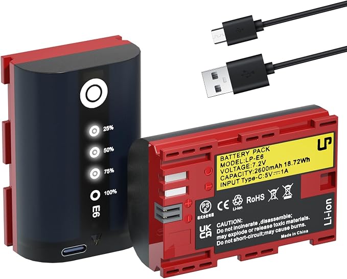 LP LP-E6, LP-E6N Battery 2-Pack 2600mAh USB-C Charging, LED Display Replacement