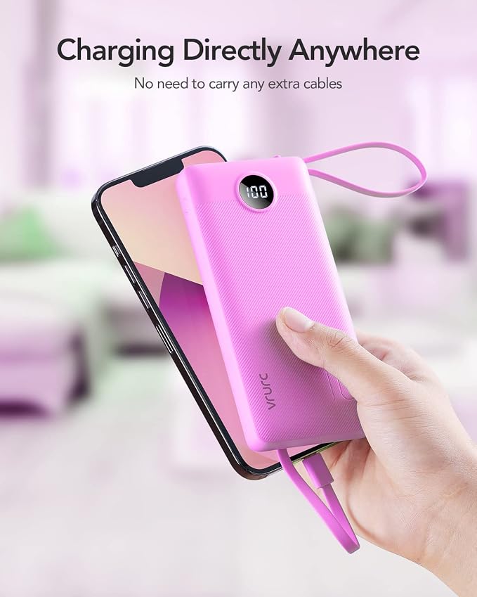 VRURC Portable Charger 10000mAh, Travel Essentials Battery Pack, 5 Output 2 Input Power Bank, Built-in Micro & USB C Cables Phone Charger for iPhone 17 Pro 17 16 15 14 13,Android-Purple(1 Pack)