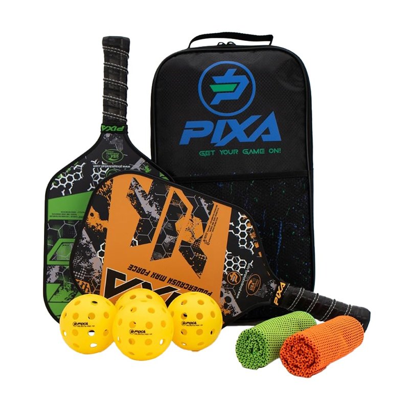 T-300 Carbon Fiber;16mm; Pickleball Paddle Set of 2; w/ 4 Balls, 2 Cooling Towels, Bag; Beginner Racquet/Intermediate Racket; PIXA Powercrush Max Force