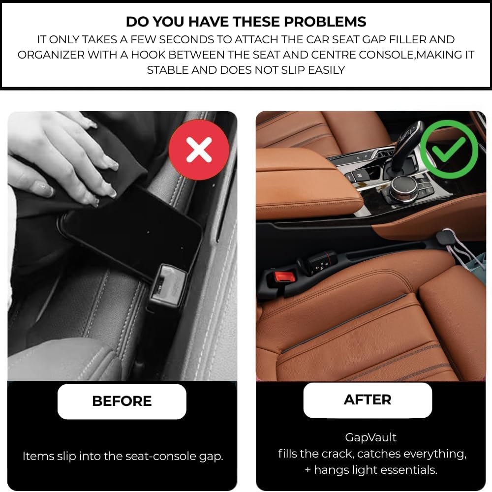 3‑in‑1 Car Seat Gap Filler and Side Gap Plug (Set of 2) – Storage Slot & Holder for Phone, Keys and Essentials – Fills Gap Between Seats – Universal Fit for Cars, SUVs and Trucks
