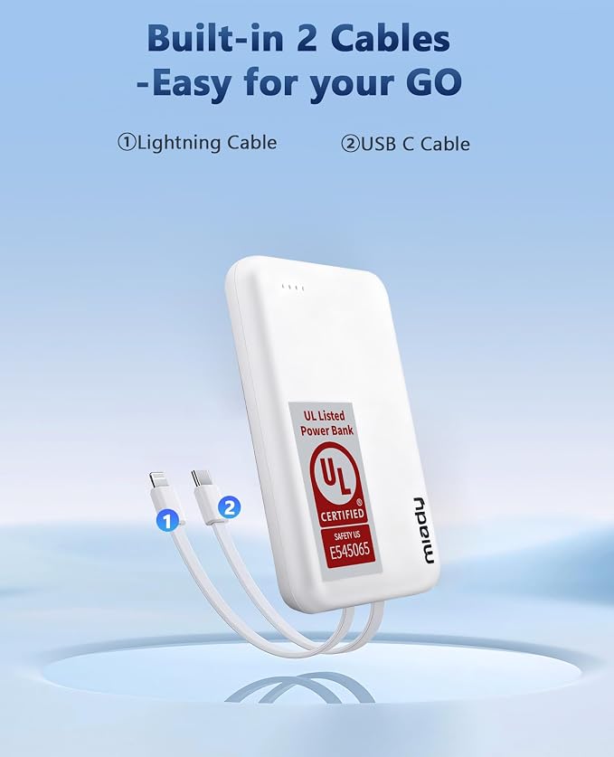 Miady 2-Pack UL Listed Small Portable Charger, 5000mAh Slim Power Bank Built-in 2 Cables Compatible with iPhone 17/16/15/14/13 Galaxy S24/S22 etc (2 White)