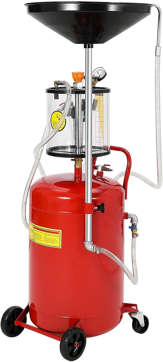 20 Gallon Waste Oil Drain Tank, Air Operated Portable Oil Drainer With Adjustable Funnel, Fluid Fuel Transfer Drainage With Wheels, Oil Change Container for Automotive Workshops