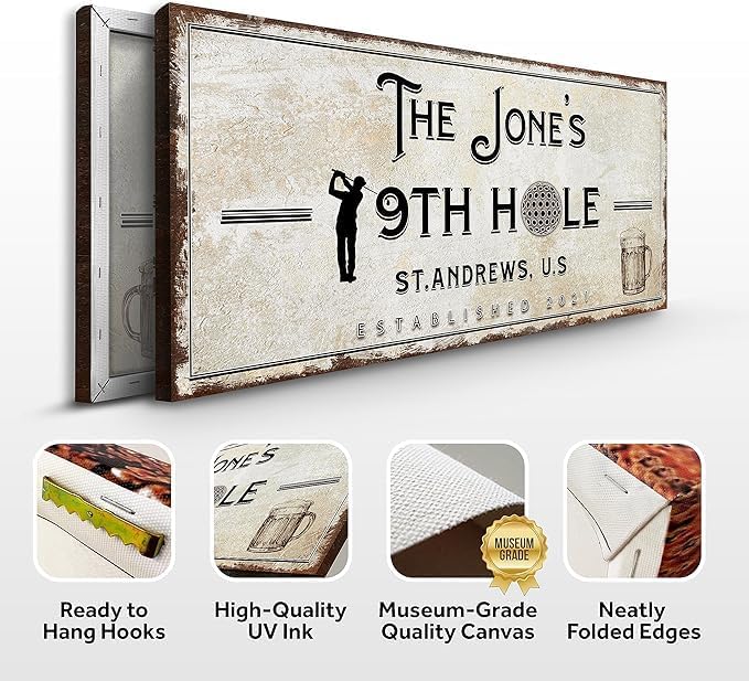 TAILORED CANVASES Golf Art Decor - Personalized Vintage Golf Wall Art Sign for Man Cave, Bedroom, Basement, Home Bar and Custom Gift for Husband, Dad, Wedding & Anniversary - 19th Hole Sign, 48"x24"