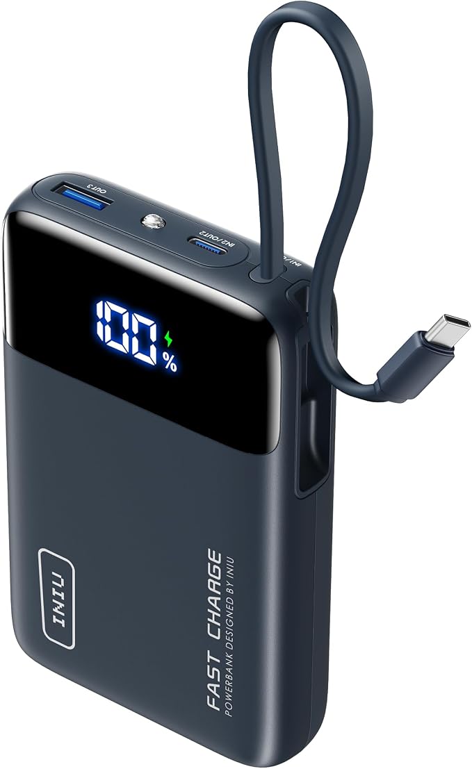 INIU 20000mAh Power Bank, Small Portable Charger, 45W PD Fast Charging Battery Pack with Build in USB-C Cable, Travel Phone Charger for iPhone 17 16 15 14 Air Samsung S25 S24 Google iPad Xiaomi, Blue