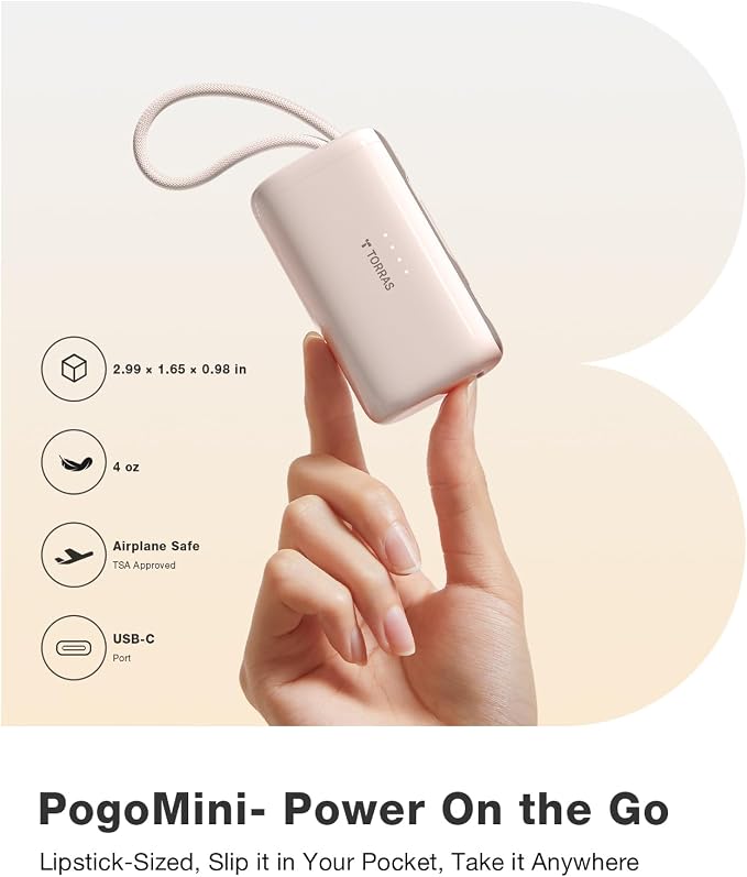TORRAS 2-in-1 iPhone 16 Portable Charger, 5,000mAh 22.5W Mini Power Bank with Built-in USB-C Cable, Fast Charge Battery Pack, Travel Essential for iPhone 17/16/15, Galaxy S25, Google – Desert Titanium