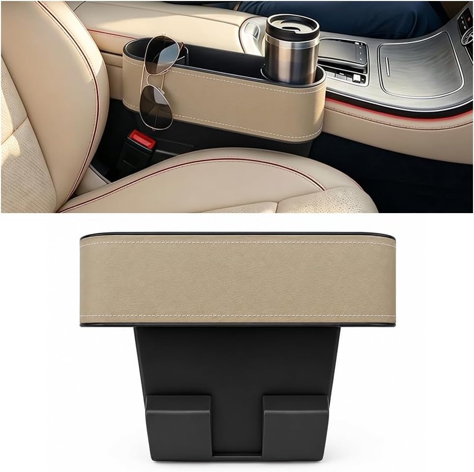 Car Seat Gap Filler Organizer, Vehicle Front Seat Side Storage Pocket with Cup Holder, Automotive Center Console Seam Filler Storage Box Accessories, Universal Fit (Carbon Fiber Black Red)