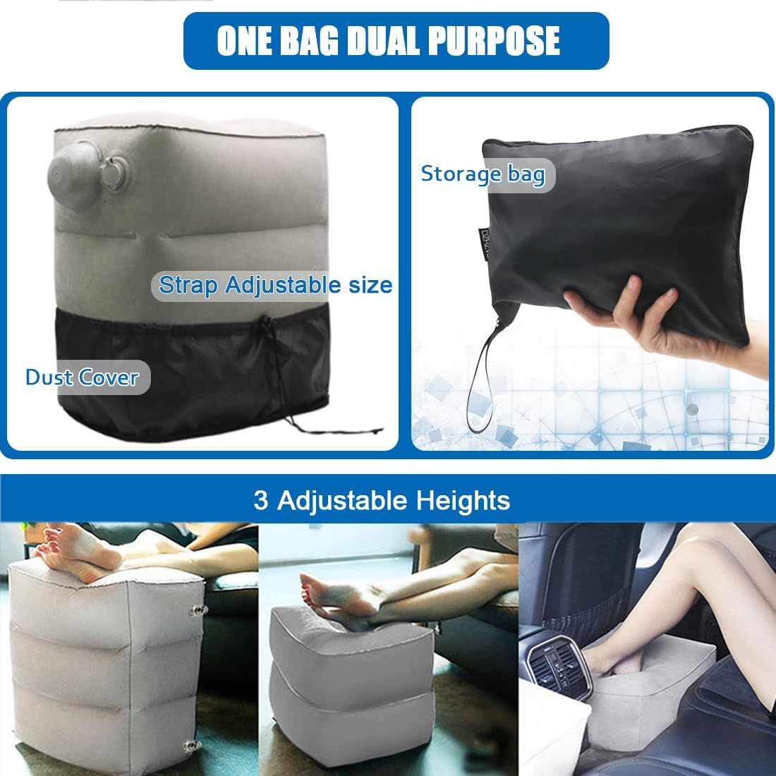 2 Pack Inflatable Foot Rest for Air Travel,Airplane Travel Foot Rest Adjustable Height,Car/Airplane,Footrest Pillow with Pump for Office,Airplane,Train,Cars,Home