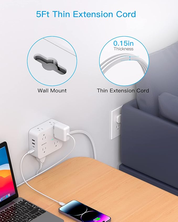 Extension Cord 15 Ft, Power Strip with 4 USB Ports(2 USB C), HANYCONY 8 Surge Protector Outlets with Flat Plug, Wall Mount, Desk for Home Office College Dorm Room Essentials