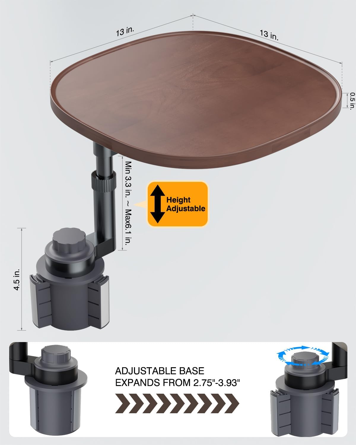 Car Tray Table & Car Laptop Desk - Height Adjustable 360° Swivel Tripod, Solid Wood Car Laptop Mount & Cup Holder Table-Steering Wheel Tray for Dining, Home, Outdoor Picnic, Hiking & Traveling (Oval)