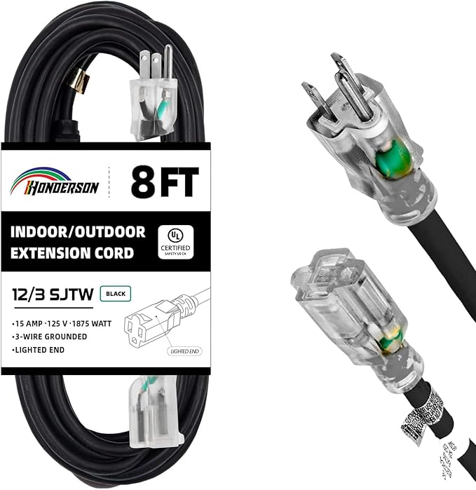 Indoor Outdoor Extension Cord Weatherproof with Lighted End, UL Certified, 12 Gauge 8FT Black 3 Prong Heavy Duty, 12/3 SJTW 15A Power Cord for Outdoor Lights, Lawn