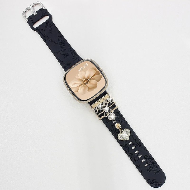 REALSIGN Floral Engraved Band and Decorative Ring Loops Compatible with Fitbit Versa 3/Versa 4/Sense/Sense 2 Bands Women,Stylish Silicone Band with Bling Cute Stud Charms Pendant Strap (Love Gold/Black)
