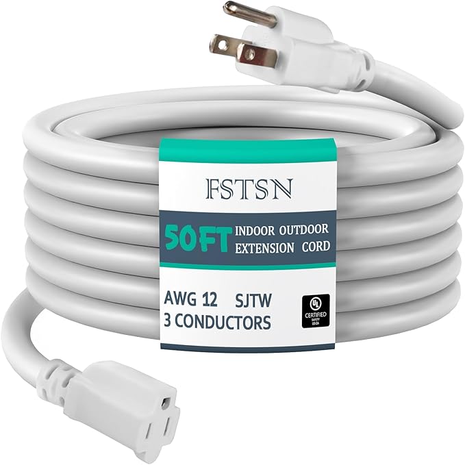 50 ft Heavy Duty Extension Cord - 12/3 SJTW 15 AMP Indoor Power Cord with 3 Prong Grounded Plug for Lawn Mower, Appliances, Workshop, Christmas Lights Water Resistant Flexible Cable White.