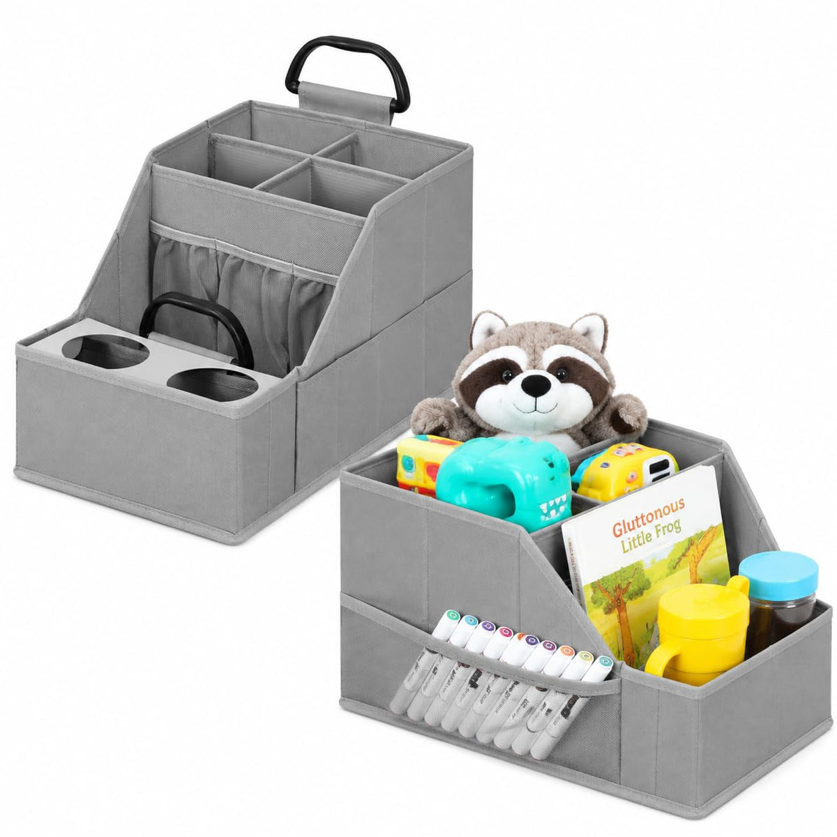 CROS 2 Pack Car Seat Organizer with Metal-Reinforced Cup Holders, 12 Storage Compartments Backseat Car Organizer, Travel Essentials for Kids Toys & Snacks, Non-Slip Seat Storage for SUV, Truck, Gray