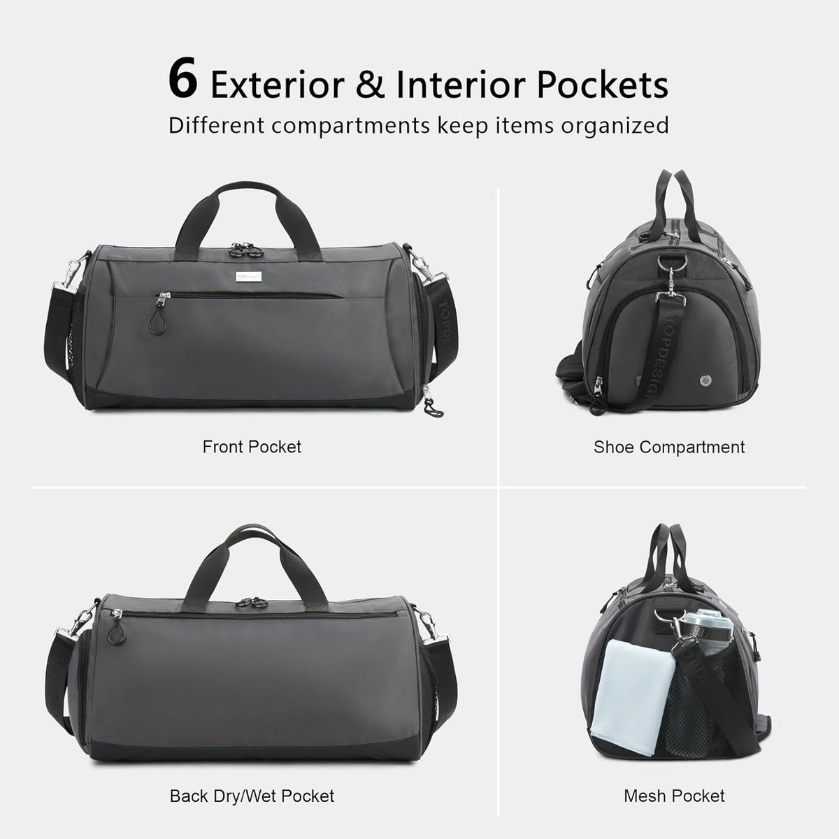 TOPDesign Gym Bag - Unisex Duffel with Shoe Compartment & Wet Pocket for Travel | Large Grey