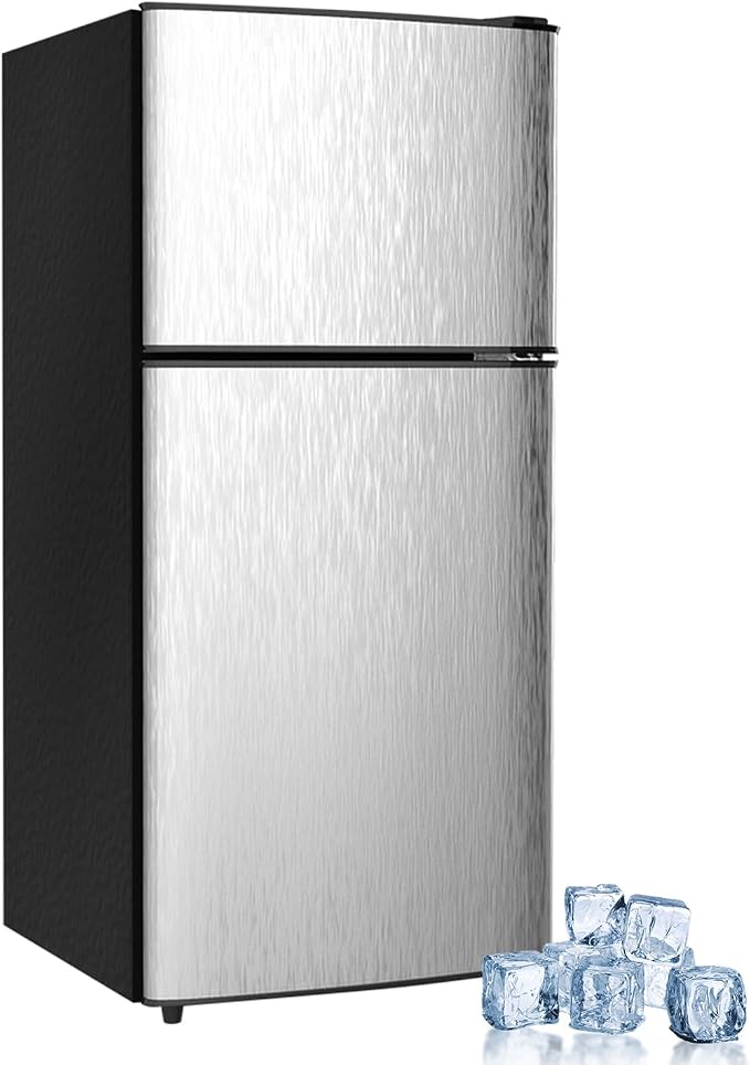 Cucina Magica Mini Fridge with Freezer, 3.2 cuft Small Refrigerator, 7 Adjustable Thermostat, Energy Saving, Low Noise, Double Door Compact Refrigerator for Dorm, Bedroom, Office - Silver