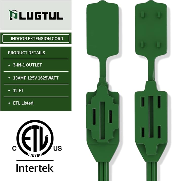 PLUGTUL Indoor Green Extension Cord 12 Feet, 3-Outlet Household Extension Cord, 2 Prong, 16 Gauge, 3 Polarized Outlets with Safety Cap Protect for Home Office, 16/2 SPT-2 ETL Listed