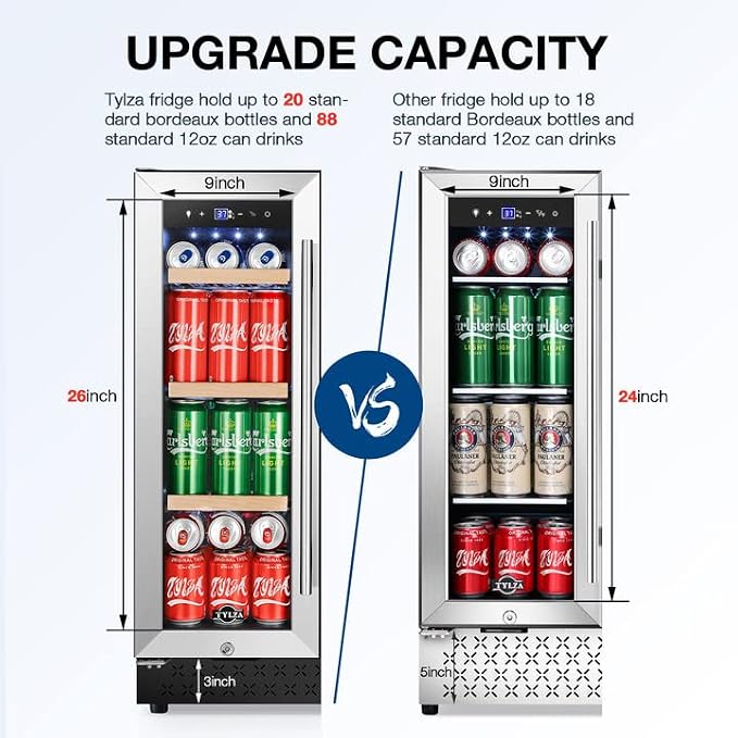 24" Dual Zone Wine and Beverage Cooler Quiet Compressor | Dual zone, quiet <38dB, fast cool, smart touch, temp memory, built-in/free, 20 wine+88 cans