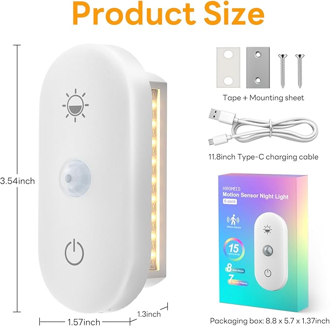 Rechargeable Night Light for Stair: Motion Sensor with 1800mAh Battery for 90-Nights Navigation - 3000K+RGB for Hallway Stair Safety 6-Pack