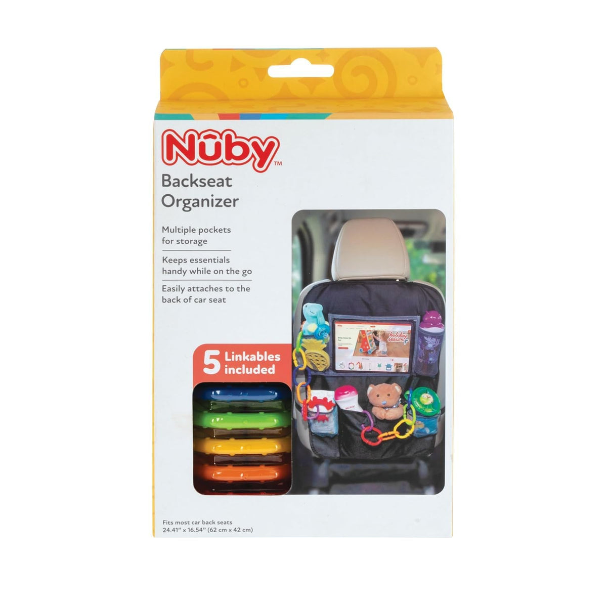 Nuby Backseat Car Organizer Set: Organizer with Tablet Holder, Storage Pockets and 5 Linkable Hooks for Attaching Accessories | Easy to Clean Black