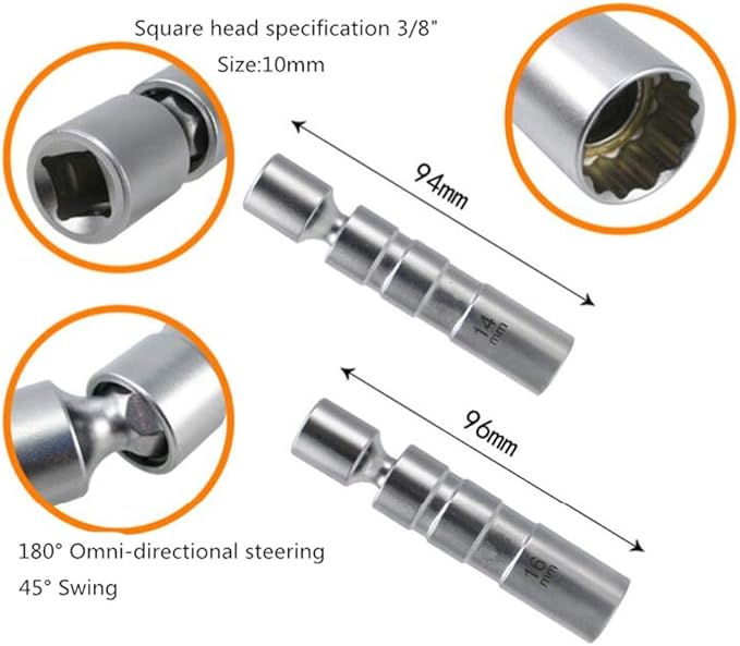 QISF 14MM & 16MM Swivel Extension Spark Plug Socket Thin Wall Magnetic 12-Point Removal Tool + 3/8-Inch Drive Sliding T bar Torque Spanner Extension Kit 10inch/25cm to Most Confined Areas