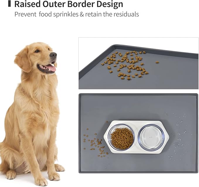 Dog Food Mat,Silicone Waterproof Food Tray,Non Slip Pet Bowl Mats Placemat,0.6" Raised Edge,Suitable for Most Small and Medium Sized Pets,24" x 16"