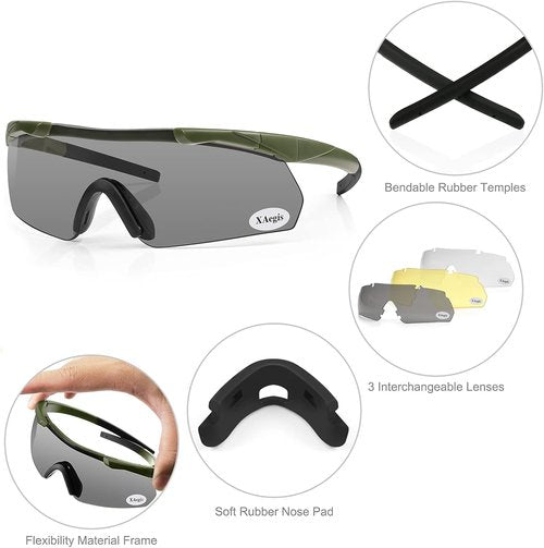 **Xaegistac Tactical Shooting Glasses - High Impact Eye Protection with 3 Interchangeable Lenses**