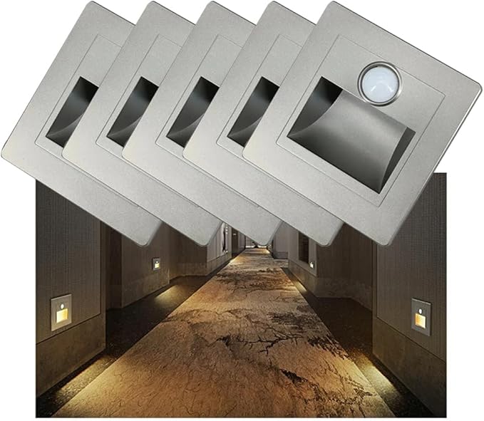 5Pcs Recessed LED Stair Light 3W 3000K Step Light Motion Sensor Night Lighting Wall Light Staircase Lamp Inside Staircase Bedroom Decoration Silver