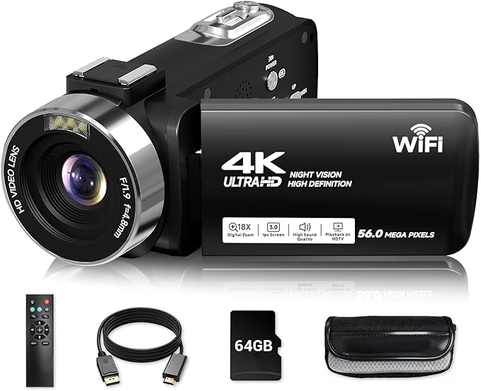 Video Camera, 4K Camcorder 56MP Digital Video Recorder 18X Zoom 3" 270°