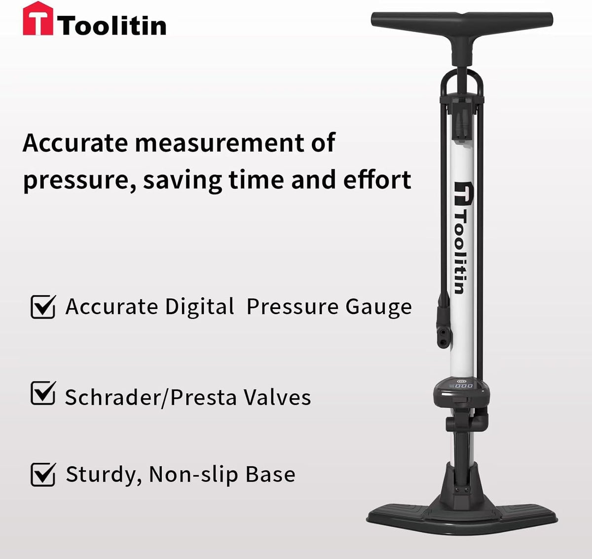 TOOLITIN Bike Pump - Precision Digital Pressure Gauge | Compatible with Presta & Schrader Valves