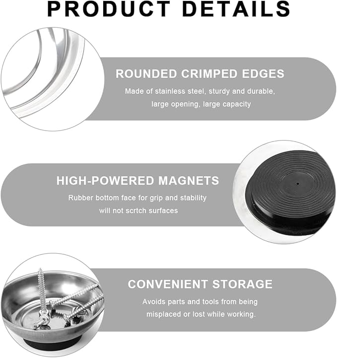 2 PCS Magnetic Parts Tray Set, Stainless Steel 4" Round Magnetic Trays, Mechanic Tool Tray Holder for Screw, Sockets, Bolts, Nuts, Small Metal Parts