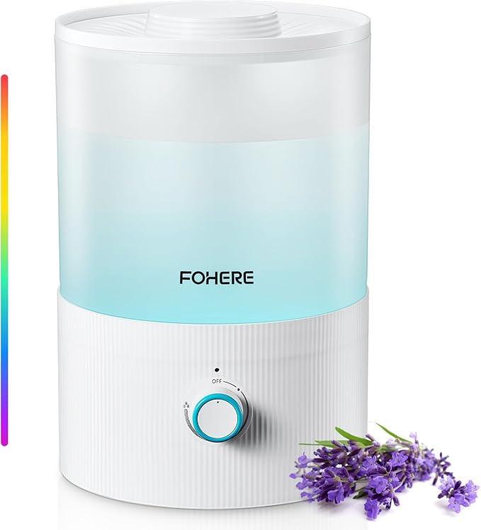FOHERE Humidifier for Bedroom Baby, 3.2L Top Fill Cool Mist Humidifiers for Nursery, Home, 28H Ultra Quiet Runtime, Auto Shut-Off, Soft 7-Color Night Light, BPA-Free, Essential Oil Tray, White