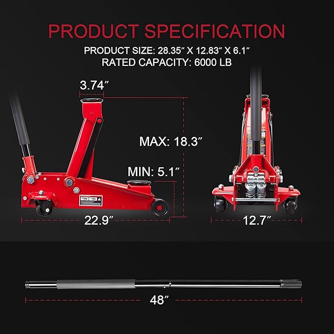 Big RED ATZ830023R Torin Hydraulic Heavy Duty Steel Service/Floor Jack with Dual Piston Quick Lift Pump, 3 Ton (6,000 lb) Capacity, Red