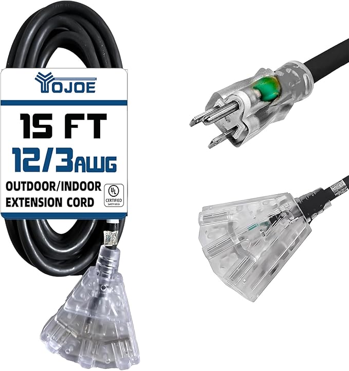 YOJOE 3-Outlets Indoor Outdoor Extension Cord with Lighted End, 3 Prong 15A Weatherproof Power Cord, 12 Gauge Heavy Duty 15 ft Black Extension Cord Multiple Outlets, 12/3 SJTW UL Listed