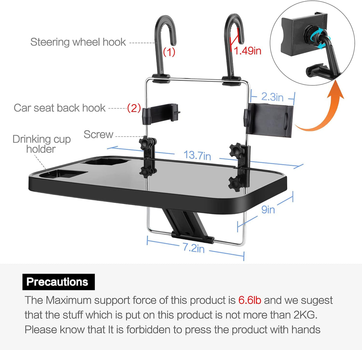 Foldable Car Seat Back Portable Tray with Phone Mount for Food Dining Drink and Laptop, Hanging Car Steering Wheel Tray(Upgrade)